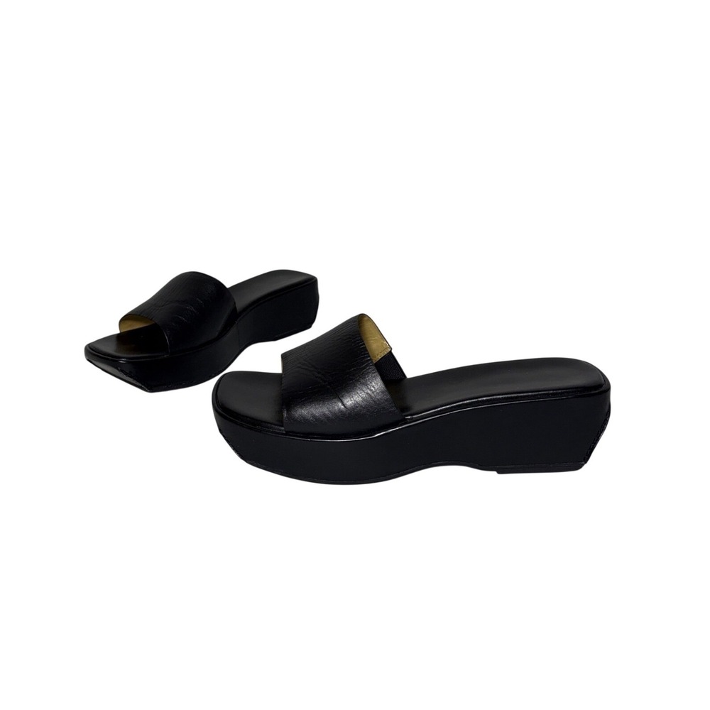 Westies Women Chunky Platform Wedge Sandals 8 Black Leather Square Toe Y2K Retro